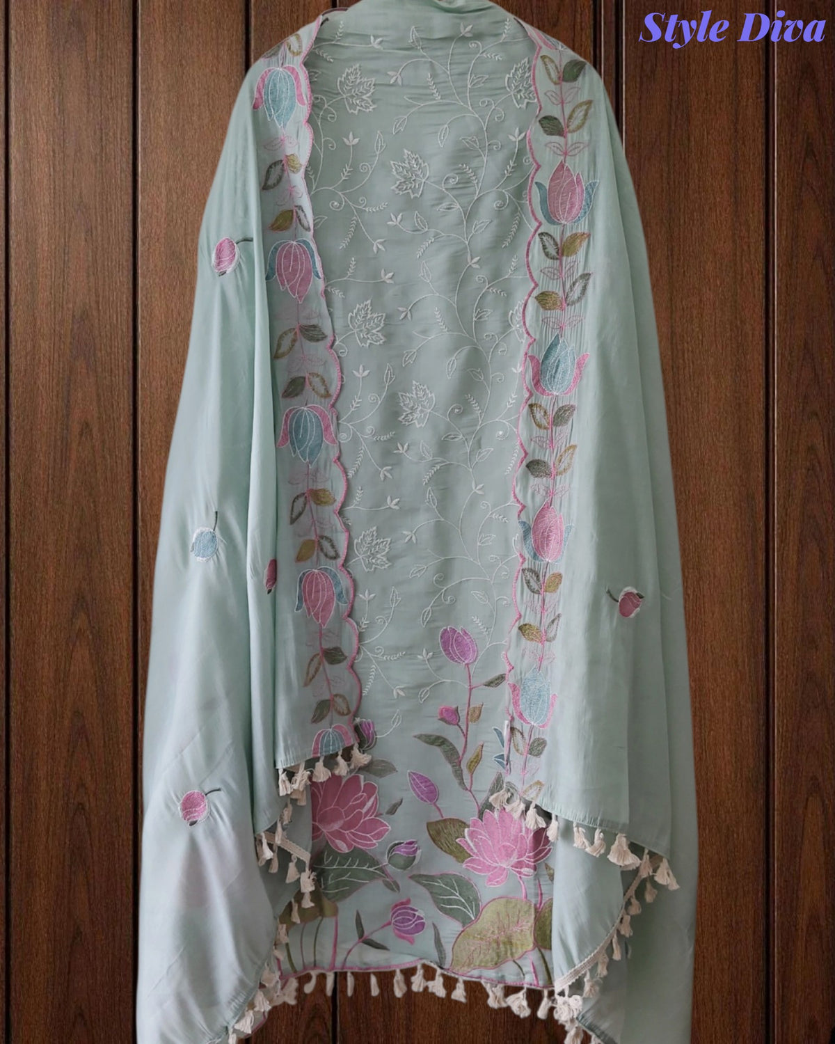 Mul Cotton Unstitched Suit Set with Parsi Embroidery & Scalloped Dupatta