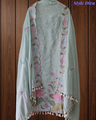 Mul Cotton Unstitched Suit Set with Parsi Embroidery & Scalloped Dupatta