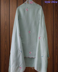 Mul Cotton Unstitched Suit Set with Parsi Embroidery & Scalloped Dupatta