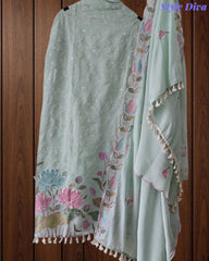Mul Cotton Unstitched Suit Set with Parsi Embroidery & Scalloped Dupatta