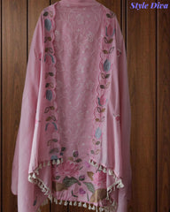 Mul Cotton Unstitched Suit Set with Parsi Embroidery & Scalloped Dupatta