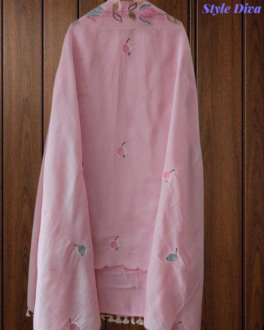 Mul Cotton Unstitched Suit Set with Parsi Embroidery & Scalloped Dupatta