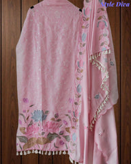 Mul Cotton Unstitched Suit Set with Parsi Embroidery & Scalloped Dupatta