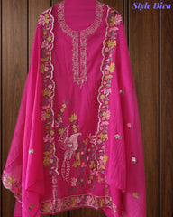 Mul Cotton Unstitched Suit Set with Pita Work, Embroidery & Scalloped Dupatta