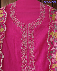 Mul Cotton Unstitched Suit Set with Pita Work, Embroidery & Scalloped Dupatta