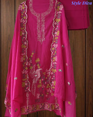 Mul Cotton Unstitched Suit Set with Pita Work, Embroidery & Scalloped Dupatta