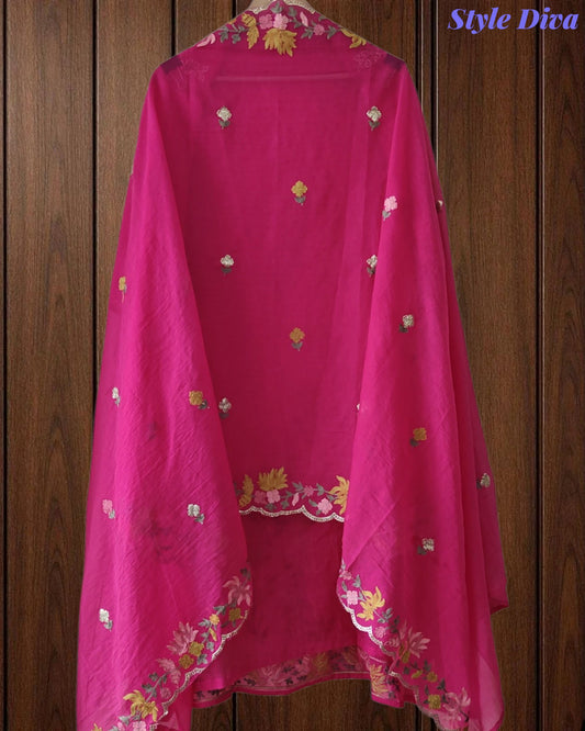 Mul Cotton Unstitched Suit Set with Pita Work, Embroidery & Scalloped Dupatta