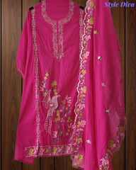 Mul Cotton Unstitched Suit Set with Pita Work, Embroidery & Scalloped Dupatta