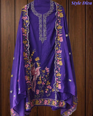 Mul Cotton Unstitched Suit Set with Pita Work, Embroidery & Scalloped Dupatta