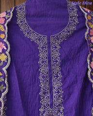 Mul Cotton Unstitched Suit Set with Pita Work, Embroidery & Scalloped Dupatta