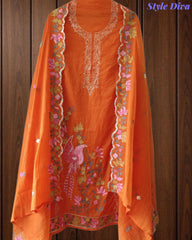 Mul Cotton Unstitched Suit Set with Pita Work, Embroidery & Scalloped Dupatta