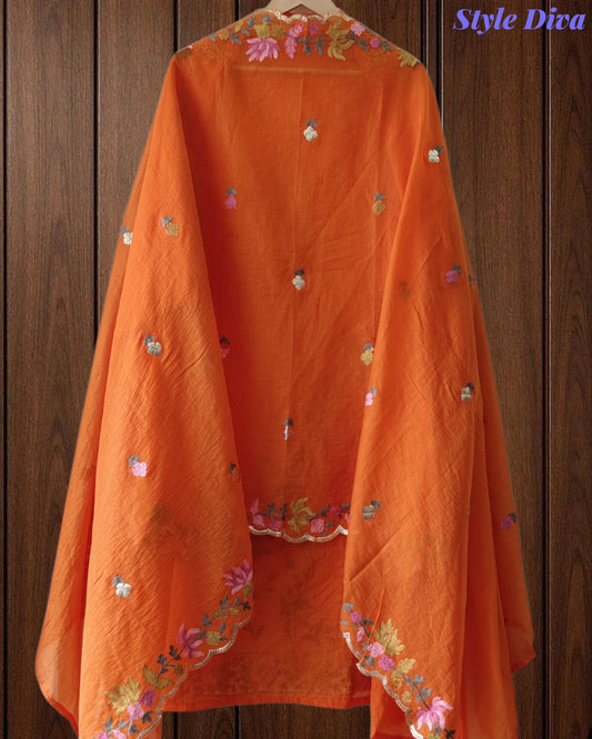 Mul Cotton Unstitched Suit Set with Pita Work, Embroidery & Scalloped Dupatta
