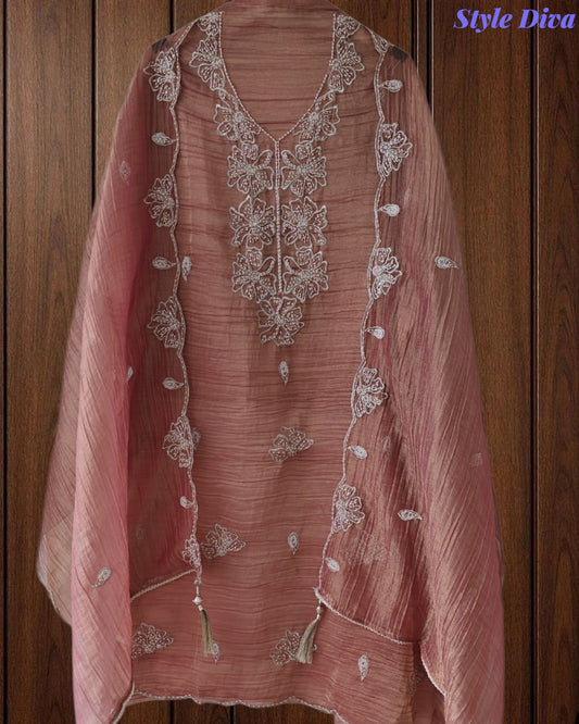 Premium Crushed Tissue Unstitched Suit with Pearl, Cut-Dana Work & Scalloped Edges