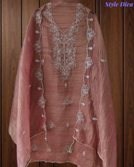 Premium Crushed Tissue Unstitched Suit with Pearl, Cut-Dana Work & Scalloped Edges