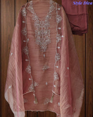 Premium Crushed Tissue Unstitched Suit with Pearl, Cut-Dana Work & Scalloped Edges
