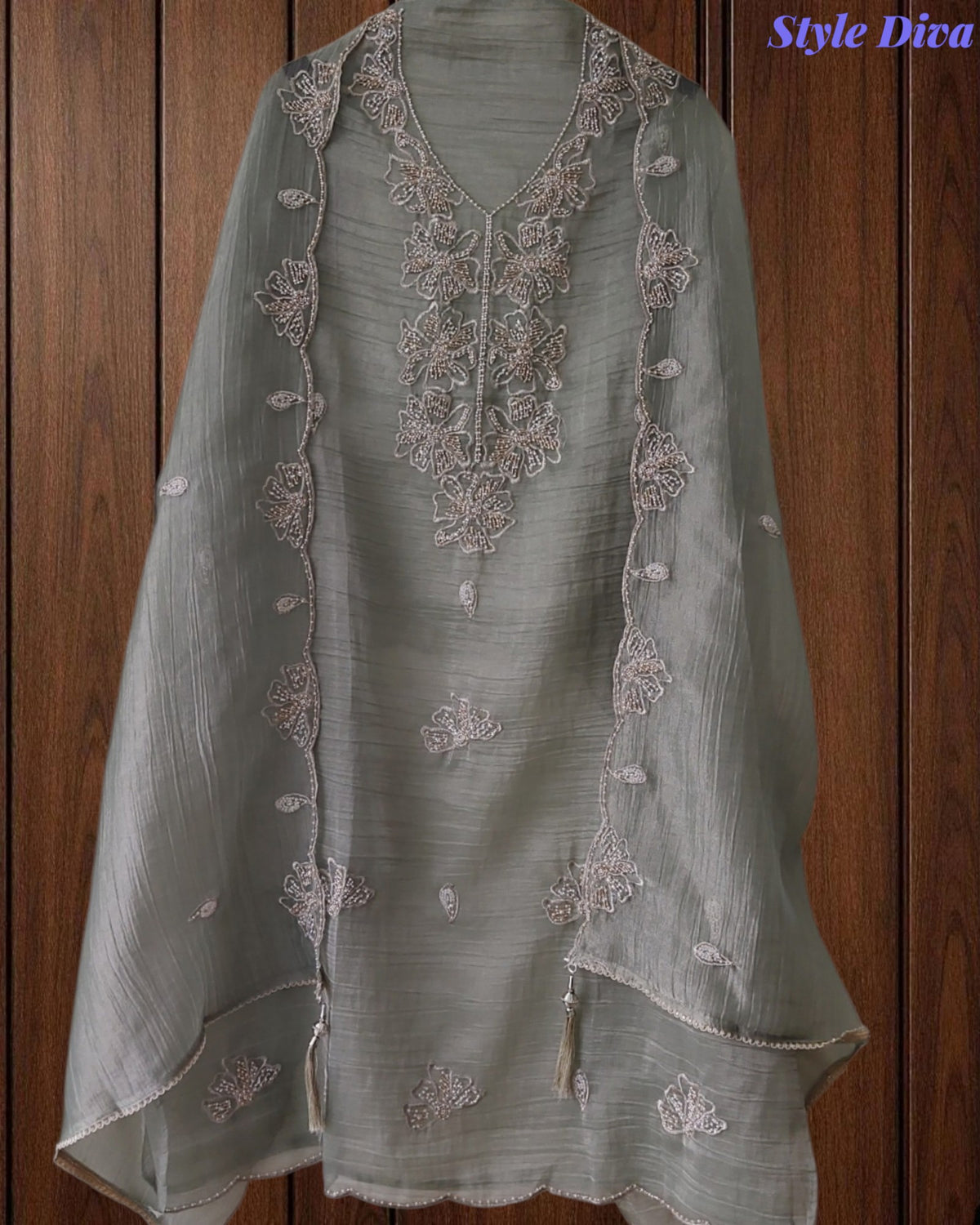 Premium Crushed Tissue Unstitched Suit with Pearl, Cut-Dana Work & Scalloped Edges