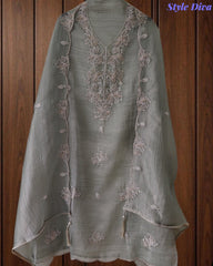 Premium Crushed Tissue Unstitched Suit with Pearl, Cut-Dana Work & Scalloped Edges