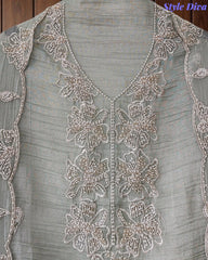 Premium Crushed Tissue Unstitched Suit with Pearl, Cut-Dana Work & Scalloped Edges