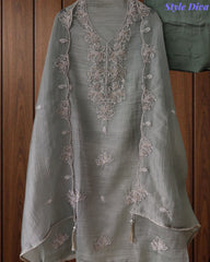 Premium Crushed Tissue Unstitched Suit with Pearl, Cut-Dana Work & Scalloped Edges