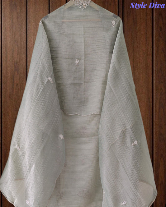 Premium Crushed Tissue Unstitched Suit with Pearl, Cut-Dana Work & Scalloped Edges