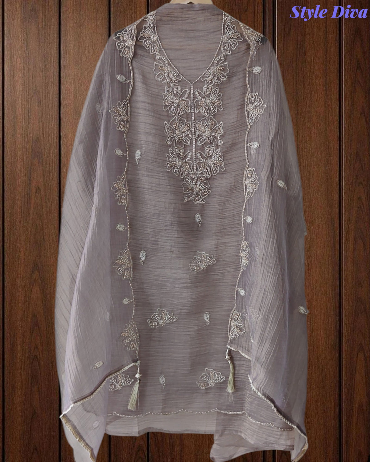 Premium Crushed Tissue Unstitched Suit with Pearl, Cut-Dana Work & Scalloped Edges