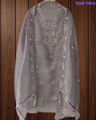 Premium Crushed Tissue Unstitched Suit with Pearl, Cut-Dana Work & Scalloped Edges