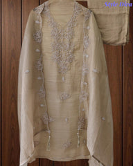Premium Crushed Tissue Unstitched Suit with Pearl, Cut-Dana Work & Scalloped Edges