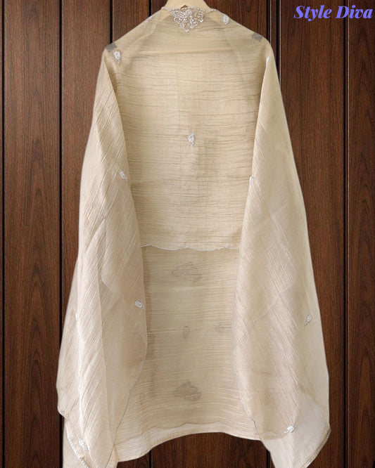 Premium Crushed Tissue Unstitched Suit with Pearl, Cut-Dana Work & Scalloped Edges