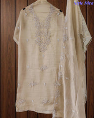 Premium Crushed Tissue Unstitched Suit with Pearl, Cut-Dana Work & Scalloped Edges