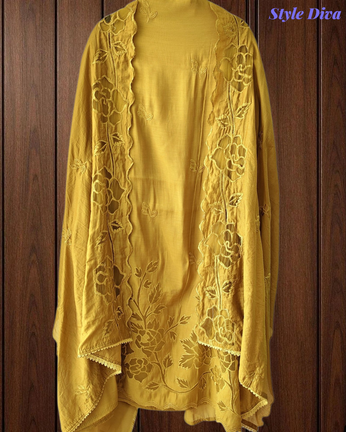 Mul Cotton Unstitched Suit Set with Laser Cut Embroidery & Crochet Lace Dupatta
