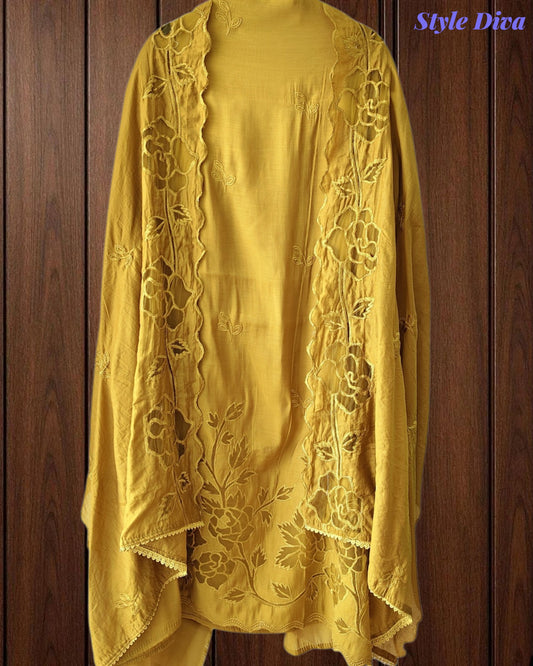 Mul Cotton Unstitched Suit Set with Laser Cut Embroidery & Crochet Lace Dupatta