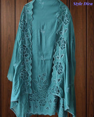 Mul Cotton Unstitched Suit Set with Laser Cut Embroidery & Crochet Lace Dupatta