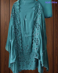 Mul Cotton Unstitched Suit Set with Laser Cut Embroidery & Crochet Lace Dupatta