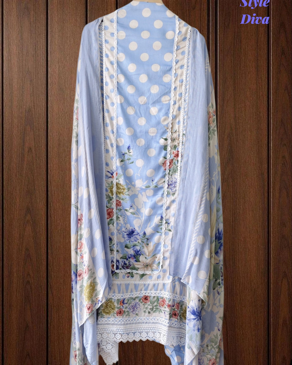 Pure Cotton Polka Printed Unstitched Suit with Mul Cotton Dupatta & Crochet Lacing
