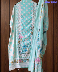 Pure Cotton Polka Printed Unstitched Suit with Mul Cotton Dupatta & Crochet Lacing