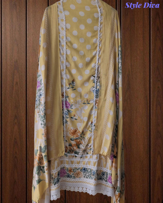 Pure Cotton Polka Printed Unstitched Suit with Mul Cotton Dupatta & Crochet Lacing