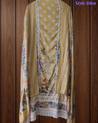 Pure Cotton Polka Printed Unstitched Suit with Mul Cotton Dupatta & Crochet Lacing