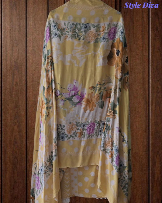 Pure Cotton Polka Printed Unstitched Suit with Mul Cotton Dupatta & Crochet Lacing