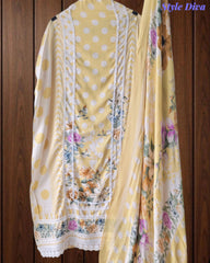 Pure Cotton Polka Printed Unstitched Suit with Mul Cotton Dupatta & Crochet Lacing