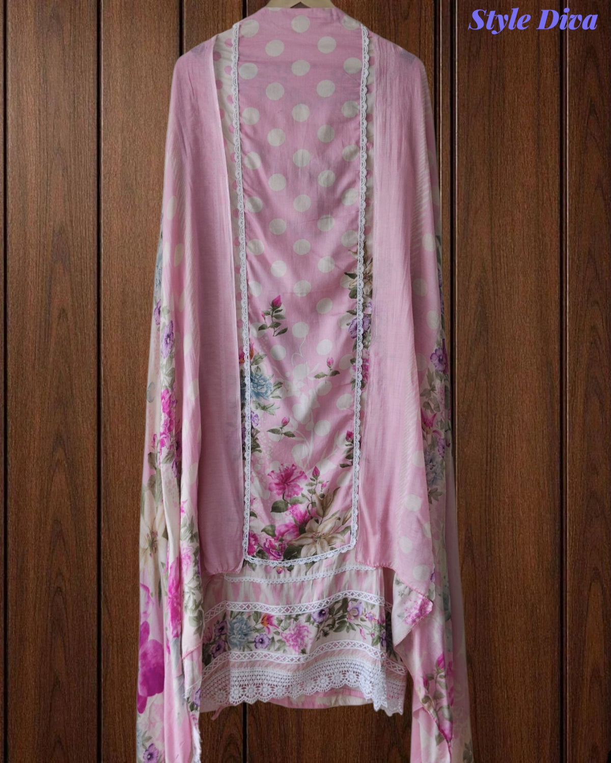 Pure Cotton Polka Printed Unstitched Suit with Mul Cotton Dupatta & Crochet Lacing