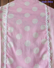 Pure Cotton Polka Printed Unstitched Suit with Mul Cotton Dupatta & Crochet Lacing