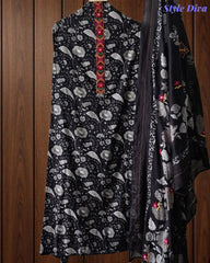 Cotton Printed Unstitched Suit Set with Kantha Work & Embroidered Dupatta