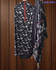 Cotton Printed Unstitched Suit Set with Kantha Work & Embroidered Dupatta