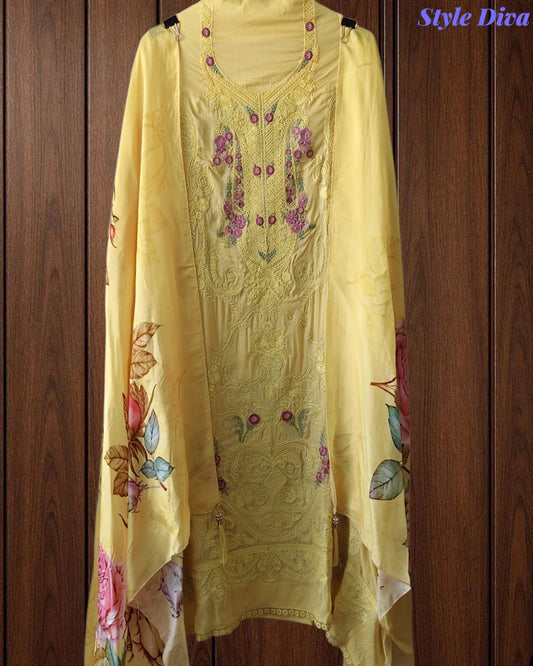 Premium Twill Burberry Unstitched Suit with Laser Cut Embroidery and Silk Digital Print Dupatta