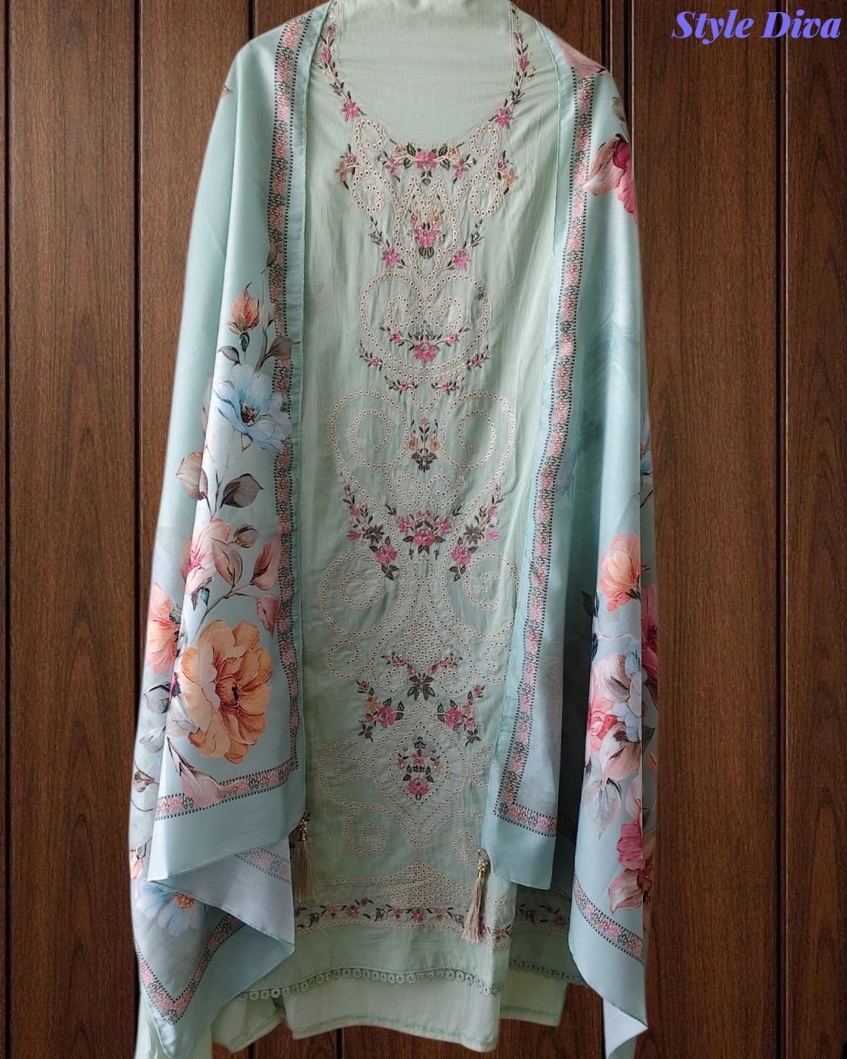 Mul Cotton Unstitched Suit Set with Laser Cut Embroidery & Muslin Digital Print Dupatta
