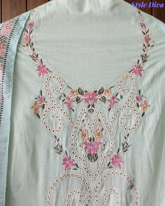 Mul Cotton Unstitched Suit Set with Laser Cut Embroidery & Muslin Digital Print Dupatta