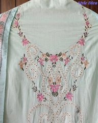 Mul Cotton Unstitched Suit Set with Laser Cut Embroidery & Muslin Digital Print Dupatta