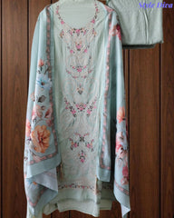 Mul Cotton Unstitched Suit Set with Laser Cut Embroidery & Muslin Digital Print Dupatta