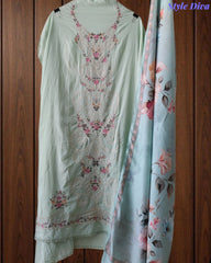 Mul Cotton Unstitched Suit Set with Laser Cut Embroidery & Muslin Digital Print Dupatta