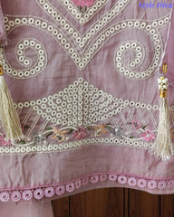 Mul Cotton Unstitched Suit Set with Laser Cut Embroidery & Muslin Digital Print Dupatta